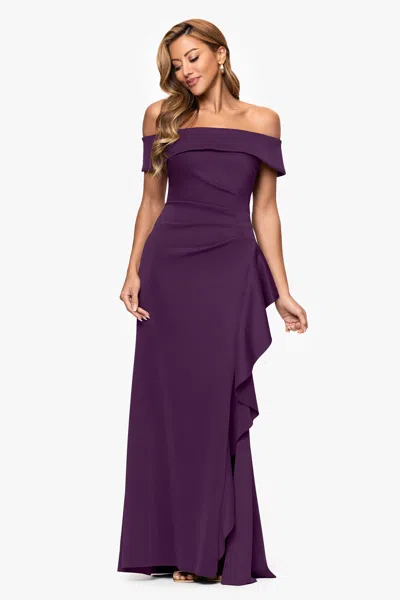 Xscape Evenings "dolly" Techno Scuba Off The Shoulder Ruffle Dress In Purple
