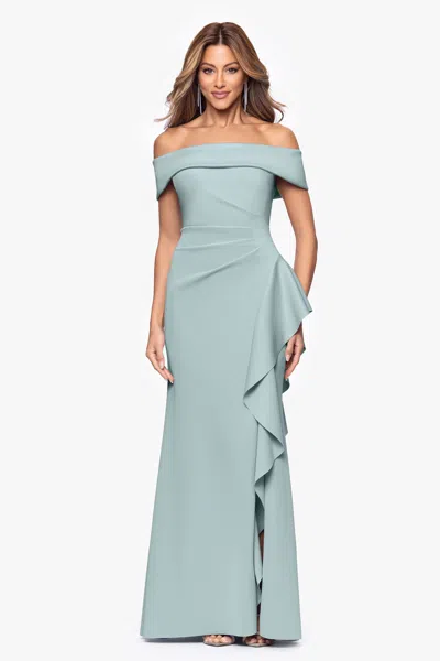 Xscape Evenings "dolly" Techno Scuba Off The Shoulder Ruffle Dress In Sage