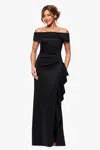 Xscape Evenings "dolly" Techno Scuba Off The Shoulder Ruffle Floor Length Dress In Animal Print