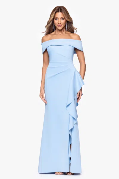 Xscape Evenings "dolly" Techno Scuba Off The Shoulder Ruffle Floor Length Dress In Blue