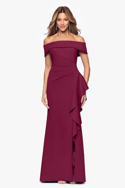 Xscape Evenings "dolly" Techno Scuba Off The Shoulder Ruffle Floor Length Dress In Burgundy