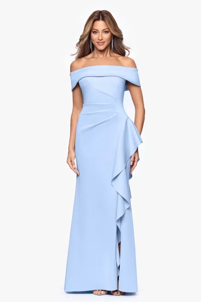 Xscape Evenings Ruffle Off The Shoulder Scuba Knit Gown In Blue
