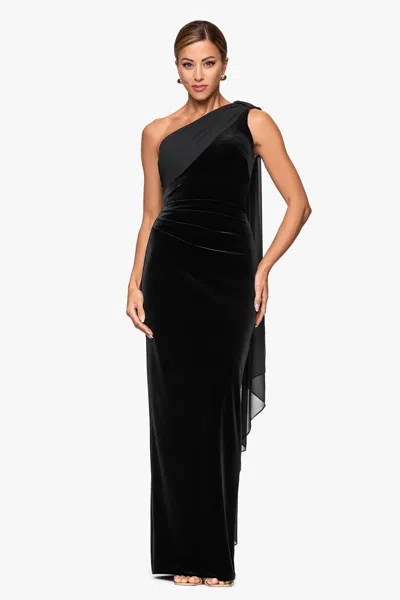 Xscape Evenings "drita" Velvet And Chiffon Cascading One Shoulder Shash Floor Length Dress In Black