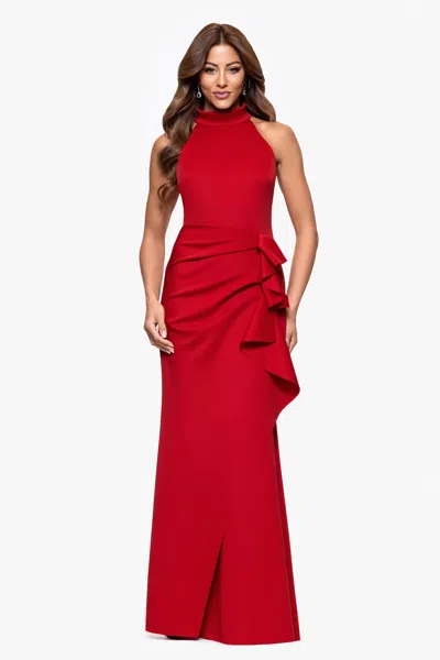 Xscape Evenings "eden" Techno Scuba Mock Neck Ruffle Dress In Red