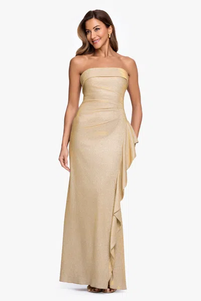 Xscape Evenings Galaxy Glitter Strapless Ruffle Gown In Blue