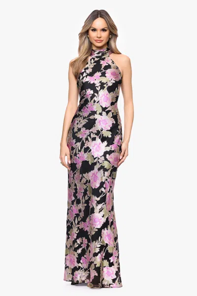 Xscape Evenings "elliot" Burnout Chiffon Halter Tie Long Dress In Multi