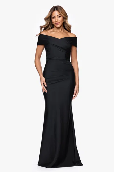 Xscape Evenings "eloise" Bended Knit Off The Shoulder Rouche Long Dress In Black