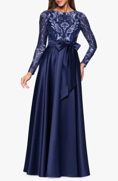 Xscape Evenings Embellished Bodice Long Sleeve Gown In Blue
