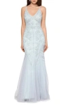 Xscape Evenings Embellished Tulle Gown In Grey/ Blue