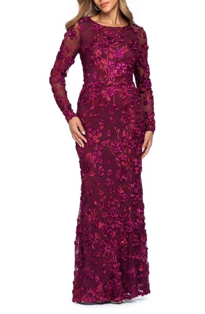 Xscape Evenings Embroidered Floral Long Sleeve Gown In Burgundy