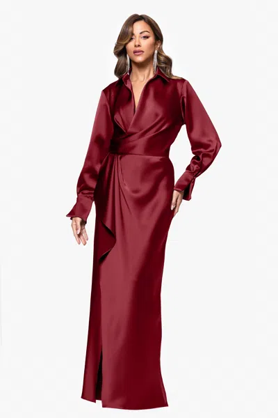 XSCAPE EVENINGS "EMERY" LONG SATIN LONG SLEEVE COLLARED DRESS