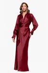 Xscape Evenings Collar Long Sleeve Satin Gown In Burgundy