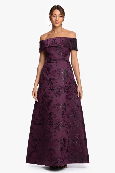Xscape Evenings "emily" Printed Brocade Off The Shoulder Gown In Purple
