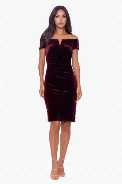 Xscape Evenings "esme" Velvet Off The Shoulder Short Dress In Burgundy