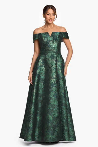 Xscape Evenings "esther" Printed Brocade Off The Shoulder Gown In Green