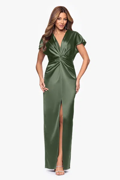 Xscape Evenings "evelyn" Satin Short Sleeve V-neck Tie Dress In Green
