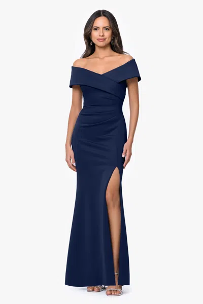 Xscape Evenings "faye" Techno Scuba Pleated Rouche Long Dress In Blue