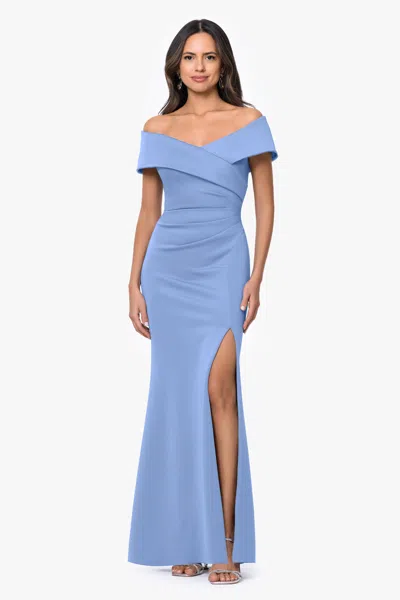 Xscape Evenings "faye" Techno Scuba Pleated Rouche Long Dress In Blue