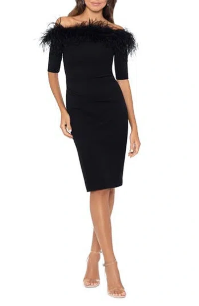 Xscape Evenings Feather Trim Off The Shoulder Scuba Sheath Dress In Black