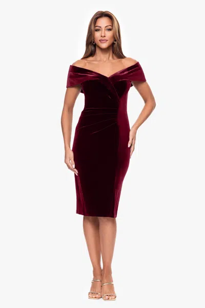 Xscape Evenings "felicity" Knee Length Off The Shoulder Ruched Velvet Dress In Brown