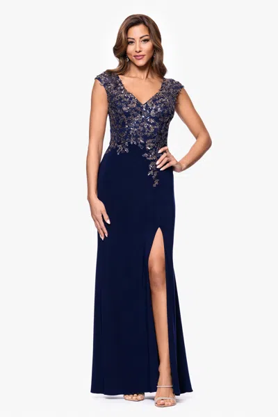 Xscape Evenings "felicity" Long Jersey Knit Applique Floor Length Dress In Multi