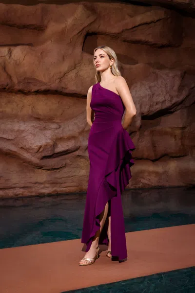 Xscape Evenings "flo" Long Techno Scuba One Shoulder Ruffle Dress In Animal Print