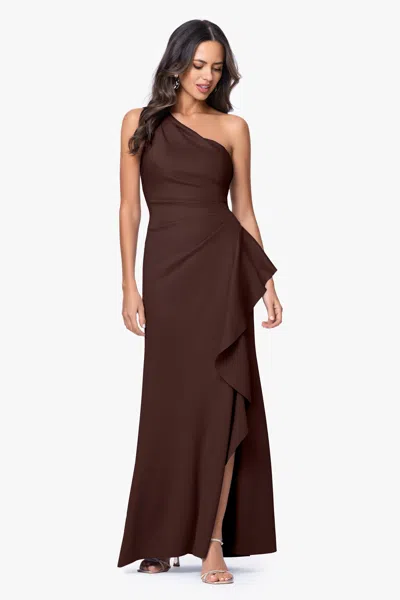 Xscape Evenings "flo" Long Techno Scuba One Shoulder Ruffle Dress In Brown