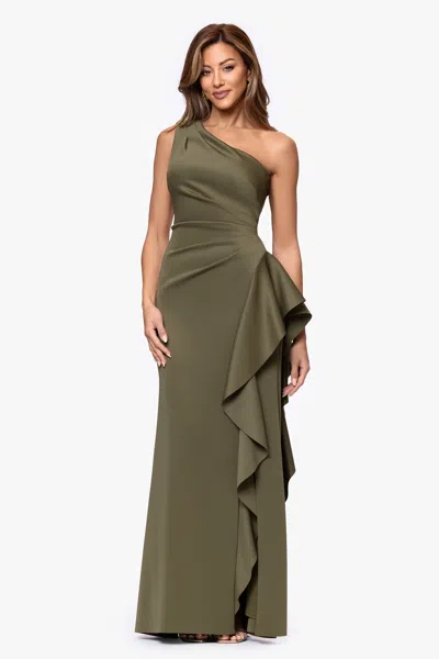 Xscape Evenings "flo" Long Techno Scuba One Shoulder Ruffle Dress In Multi
