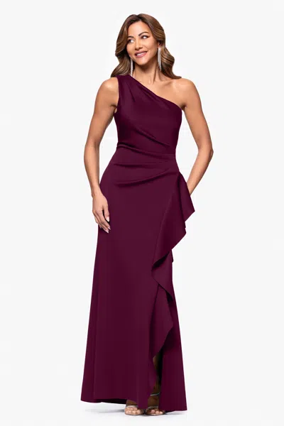 Xscape Evenings "flo" Long Techno Scuba One Shoulder Ruffle Dress In Purple