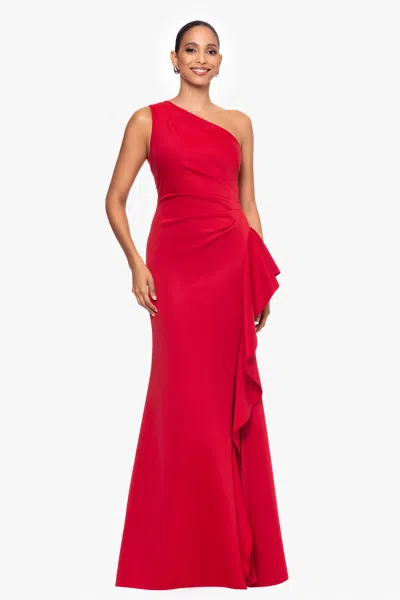 Xscape Evenings "flo" Long Techno Scuba One Shoulder Ruffle Dress In Red