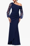 Xscape Evenings Floral Appliqué Long Sleeve Gown In Navy