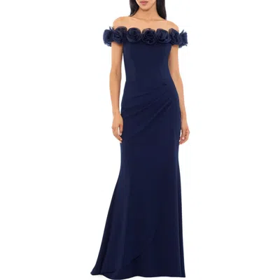 Xscape Evenings Floral Appliqué Off The Shoulder Gown In Blue