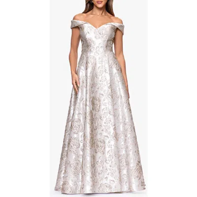 Xscape Evenings Floral Brocade Off The Shoulder Ball Gown In Gray