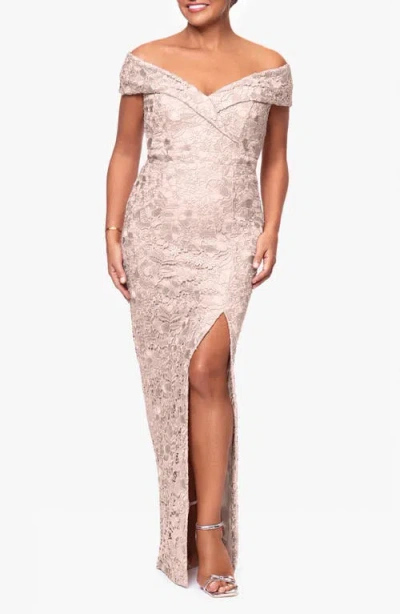 Xscape Evenings Floral Embroidery Off The Shoulder Sheath Gown In Blush