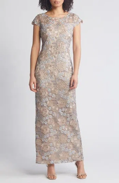 Xscape Evenings Floral Lace Sheath Gown In Gray