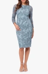 Xscape Evenings Floral Long Sleeve Sequin Lace Midi Cocktail Dress In Smoke