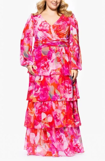 Xscape Evenings Floral Long Sleeve Tiered Ruffle Gown In Red Pink