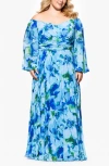 Xscape Evenings Floral Off The Shoulder Long Sleeve Gown In Blue