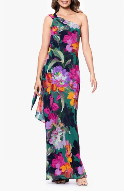 Xscape Evenings Floral One-shoulder Chiffon Gown In Multi
