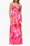 Xscape Evenings Floral Pleated Chiffon Gown In Red/pink