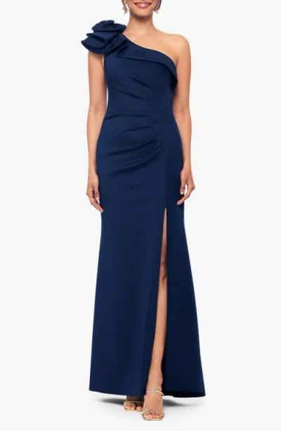 Xscape Evenings Flower Detail One-shoulder Gown In Midnight