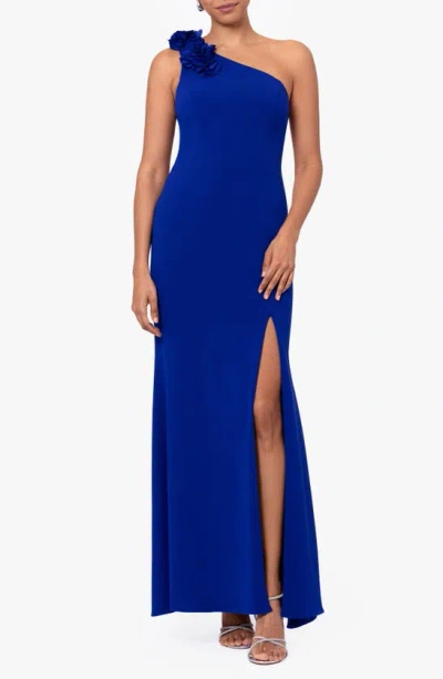 Xscape Evenings Flower One-shoulder Gown In Marine
