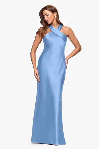 Xscape Evenings "francesca" Satin Halter Tie Neck Floor Length Dress In Blue