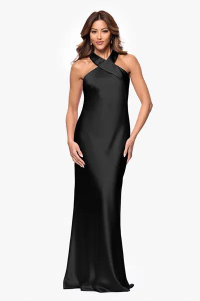 Xscape Evenings "francesca" Satin Halter Tie Neck Floor Length Dress In Black