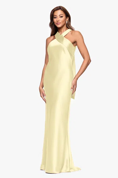 XSCAPE EVENINGS "FRANCESCA" SATIN HALTER TIE NECK FLOOR LENGTH DRESS