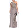 Xscape Evenings Galaxy One-shoulder Ruffle Detail Glitter Knit Gown In Brown