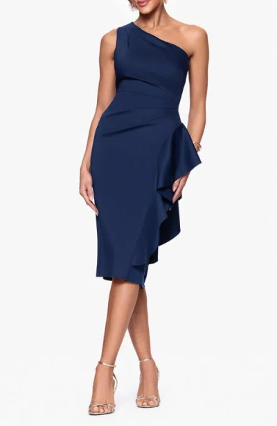 Xscape Evenings Gathered One-shoulder Cocktail Dress In Midnight
