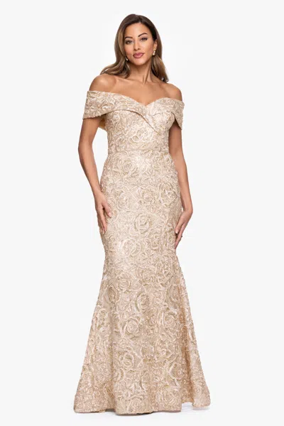 Xscape Evenings "georgia" Soutache Off The Shoulder Long Gown In Multi