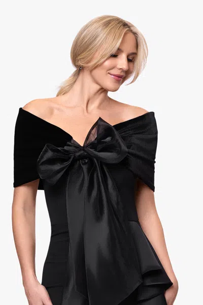 Xscape Evenings "georgina" Velvet And Organza Bow Shawl Wrap In Black