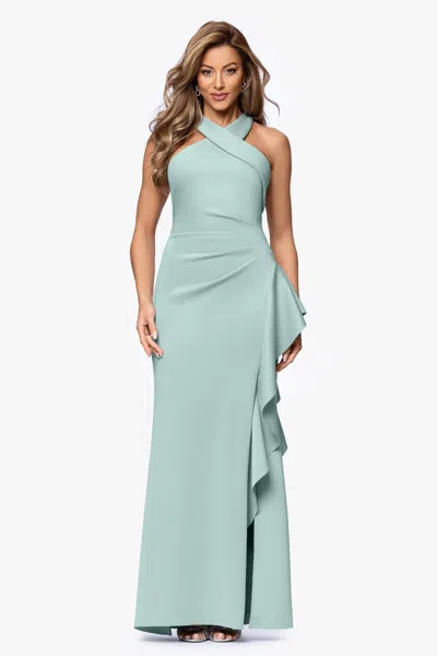 Xscape Evenings "gigi" Scuba Cross Neck Ruffle Floor Length Dress In Green